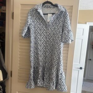 Blue and White Floral Polo Midi Dress with Flounce Hem